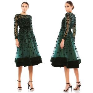 Mac Duggal Emerald Floral Embossed Illusion Midi Dress 67007 Size 4